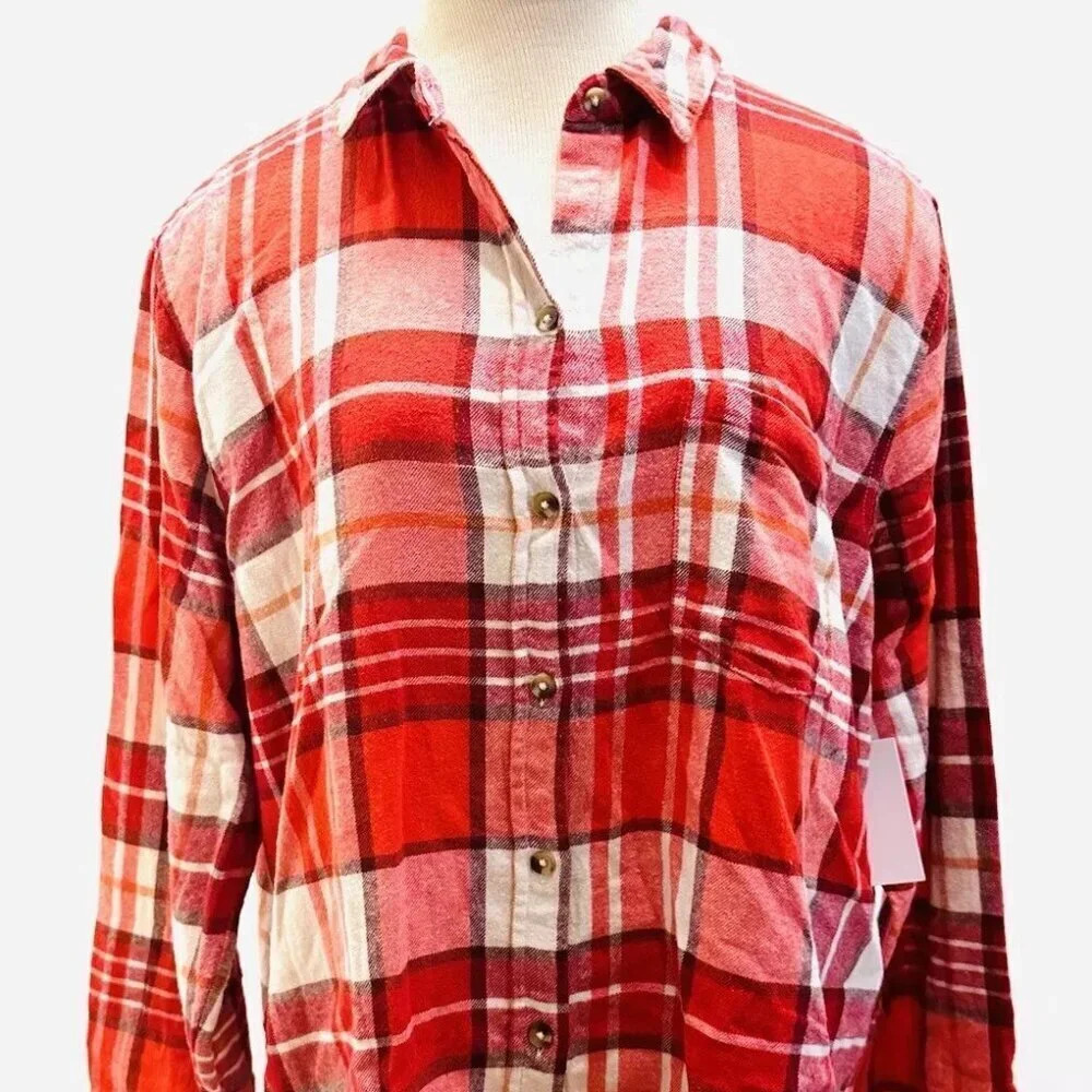 NWT SONOMA Women Long Sleeve Button Down Red Plaid Flannel Shirt Sz Extra Large